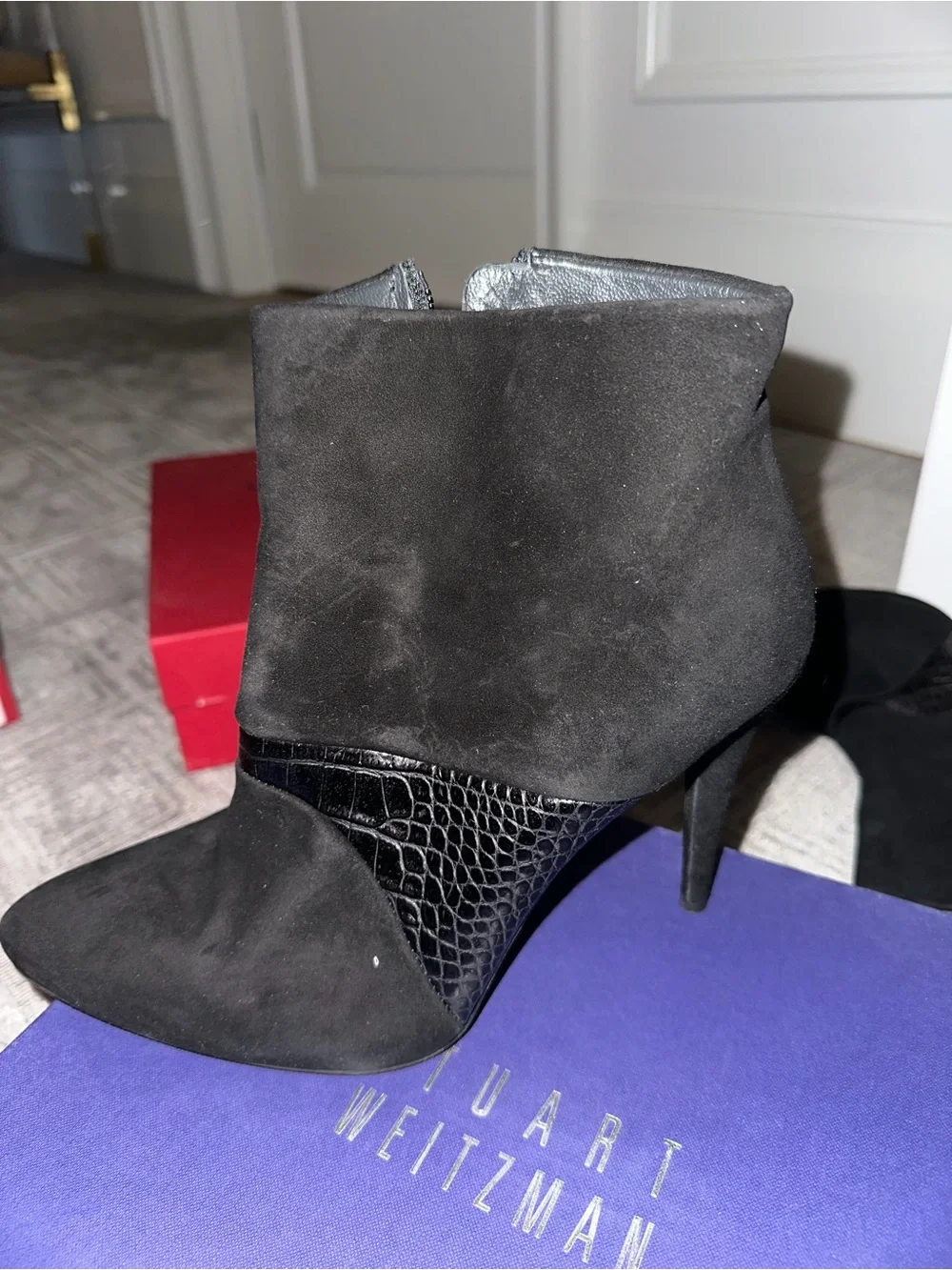 Stuart Weitzman Black Suede & Croc-Embossed Ankle Booties